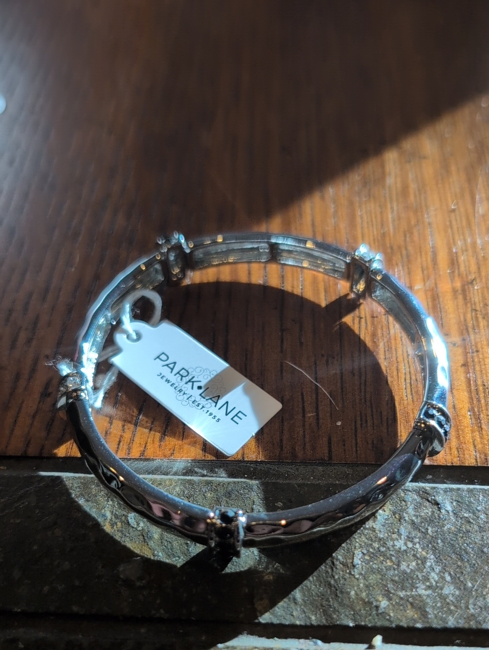 Park Lane Silver-Tone Hinged Stretch Bangle Bracelet With Black Crystal Accents